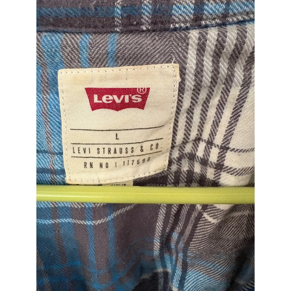 Levis Mens Western Plaid Flannel Snap Button Shirt Blue Grey White Size L